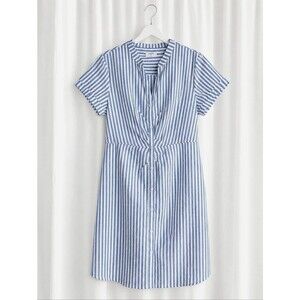 UNTUCKit Cybil Blue White Stripes Button Front V-Neck Resort Wear Shirt Dress